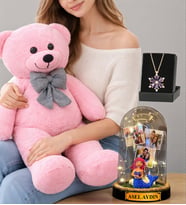 Muhteşem Set Pembe Peluş Ayıcık Kişiye Özel Led Işıklı Fanus ve Gerçek Ametist Taşlı Lotus Kolye (Model 7)