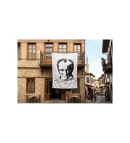 Siyah - Beyaz Mustafa Kemal Atatürk Silüeti ve İmza Poster Bayrak Premium Raşel Kumaş 300x450cm ATA28