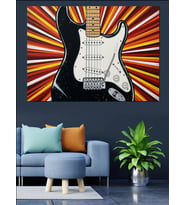Çizgili Fonda Rock Gitarı Dekoratif Kanvas - Mdf Ahşap Tablo