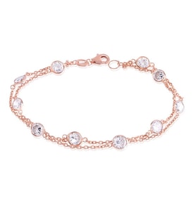EMILIANO JEWELLERY Zirkon Taşlı Pırlanta Montür Rose Altın Kaplama İki Sıra Zincirli Gümüş Bileklik
