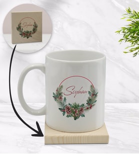 BK Gift Kişiye Özel Çiçek Tasarımlı Beyaz Kupa Bardak ve Ahşap Bardak Altlığı Hediye Seti - Model 7