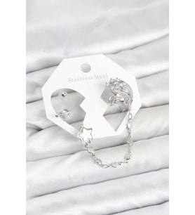 Pirinç Gümüş Renk Yıldız Model Zincir Bağlantılı Ear Cuff Küpe Seti - TJ-BKP11539