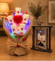 Kişiye Özel 2 Fotoğraflı Dönen Ahşap Çerçeve ve Renkli LED Işıklı Ayıcık Buketi Hediye Seti