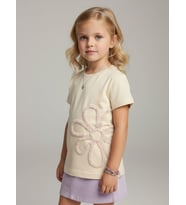 Kız Çocuk Çiçek Nakışlı Tasarım T-shirt (Krem)