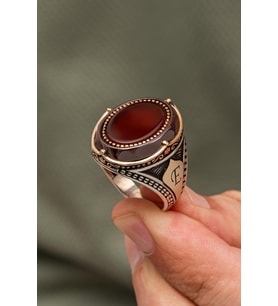 Oval Akik Taşlı Harfli 925 Erkek Gümüş Yüzük