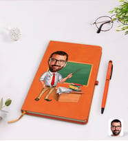 BK Gift Kişiye Özel Erkek Öğretmen Karikatürlü Turuncu Termo Deri Defter Kalem Seti Model 1