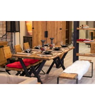 NTConcept Dalgalı Kenar Banklı Loft Sandalyeli Doğal Ahşap Yemek Masası Takımı (Bank + 3 Sandalye)