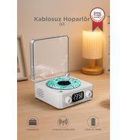 Torima Bluetooth Hoparlör Dijital Saatli Pikap Tasarımlı Radyolu Şarjlı Speaker Q3 Beyaz