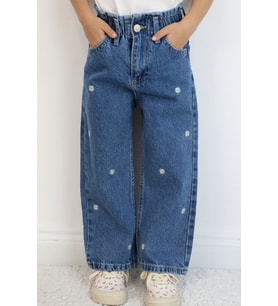 Breeze Kız Çocuk Jean Pantolon Papatya Nakışlı Düğmeli 1.5-5 Yaş, Mavi