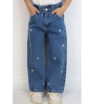 Breeze Kız Çocuk Jean Pantolon Papatya Nakışlı Düğmeli 1.5-5 Yaş, Mavi