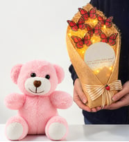 Peluş Pembe Ayıcık ve Led Işıklı Aynalı Kırmızı Kelebek Buketi Hediye Seti