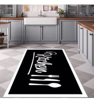 Siyah Kitchen Yazılı Yıkanabilir Kaymaz Taban Leke Tutmaz Modern Salon Halısı ve Yolluk (Beyaz)