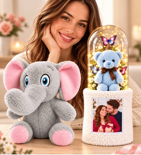 Kişiye Özel Fotoğraflı LED Fanuslu Ayıcık Buketi Peluş Fil Yıldönümü Hediyesi 30 cm 3