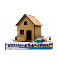 EMİN Ahşap Boyama Ev Seti - Çitli Model Demonte MDF Maket (6 Renk Boya + Fırça Dahil)