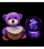 Kişiye Özel 3D I Love You Tasarım Güllü Işıklı Kristal Cam Küre Ve Peluş Ayıcık 