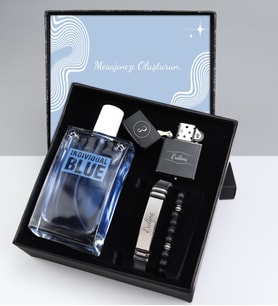 Kişiye Özel Zippo Tarzı Çakmak & Individual Blue Erkek Parfüm & Bileklik & Siyah Boncuk Bileklik Erkeğe Hediye Seti