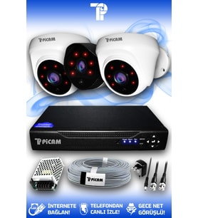 PICAM 3 Kameralı Uzay 2 İç Kamera Set HDD'siz Full HD Gece Görüşlü Güvenlik Kamerası Sistemi