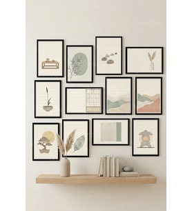 12 Parça Zen Minimal Objeler 2 Renk Seçenekli Dekoratif Çerçeve Görünümlü Tablo Seti