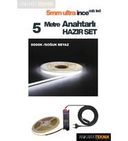 Mutfak Tezgah Üstü Için Ince Cob Şerit Led 12v Adaptör Tak Çalıştır Anahtarlı ( 5 Metre ) (Soğuk Beyaz)