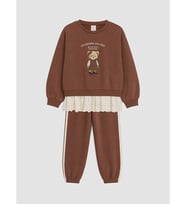 LCW Kids Kahverengi Ayı Teddy Baskılı Kız Çocuk Eşofman Takım