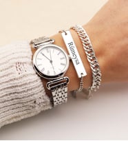 Gümüş Rengi Retro Metal Analog Kadın Kol Saati, İsimli Bileklik ve Zincir Bileklik
