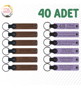 A Kahve & Mor Menekşe, Firma Tanıtım Gününe Özel Hediye, 40’lı Set, İsimli Anlamlı Deri Anahtarlık