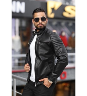 Erkek Siyah Iç Cepli Slim Fit Deri Ceket