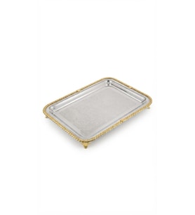 Büyük Boy Gold Örgü Kenarlı Lazer İşlemeli Paslanmaz Metal Sunum Tepsi (46x37 cm)