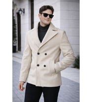 Erkek Casual Kruvaze Midi Boy Kaşe Kaban - Modern Kesim (Krem)