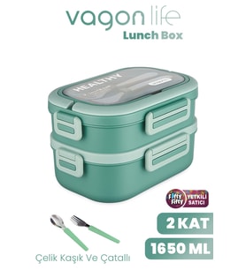 1650 ML İki Kat Üç Bölme Paslanmaz Çelik Lunch Box Yeni Nesil Sefer Tası - Kaşık Ve Çatallı -6715