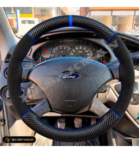 Ford Focus Dikme Direksiyon Kılıfı Alcantara Süet Mat Karbon Mavi Yüzük ve Dikiş Ambiente-Comfort-Trend-Ghia 1998-2001