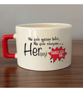 Ne Çok Gezen Bilir Ne Çok Okuyan Baskılı Kırmızı Kulplu C Fincan