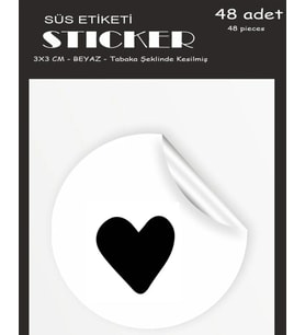 Sticker Kuşe (3x3cm) 48 Adet Yuvarlak Kesim -siyah Kalp-