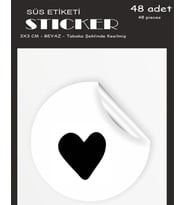Sticker Kuşe (3x3cm) 48 Adet Yuvarlak Kesim -siyah Kalp-