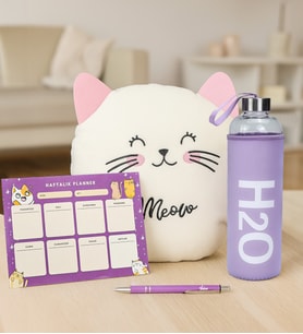 Kedi Yastık & Matara & Planner & Kalem Hediye Seti