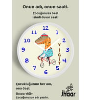 İsme Özel Bisiklet Süren Dinozor Çocuk Odası Duvar Saati Orta Boy 30 cm Beyaz Camlı Sessiz
