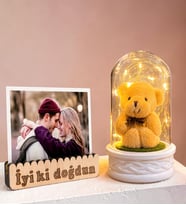 Doğum Günü Hediyesi Led Işıklı Peluş Ayıcıklı Fanus ve Kişiye Özel Fotoğraflı Hediye
