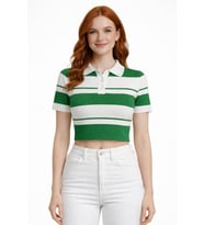 Çizgili Polo Yaka Düğmeli Triko Crop Bluz
