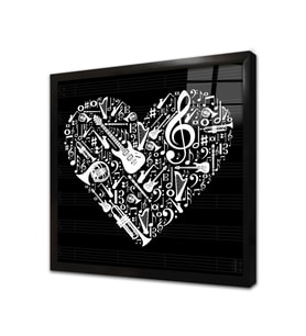 Müzik Enstrümanları Kalp Tasarım Çerçeveli Cam Tablo