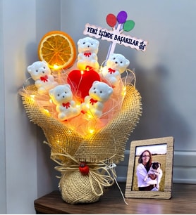 YENİ İŞİNDE BAŞARILAR Temalı / Led Işıklı ve Fotoğraflı Tatlı Ayıcıklar Buketi / Premium Hediye