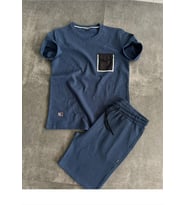 Cep detaylı tshirt & şort yan cepli kordon ayarlamalı ter tutmayan mevsimlik takım (Lacivert)