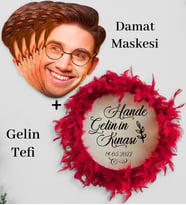 BK Gift Kişiye Özel Damat Yüz Maskesi (5 adet) ve İsimli Tüylü Gelin Tefi , Kına Tefi (28cm)