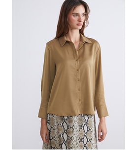 LCWAIKIKI Classic Haki Oversize Saten Kadın Gömlek