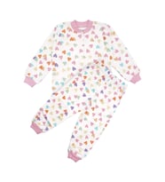 Kız Çocuk Ekru Pembe Renkli Kalpli Desenli Çıtçıtlı Pijama Takımı