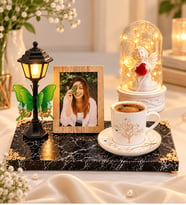 Fotoğraflı Sokak Lambalı Hayat Ağacı Porselen Kahve Fincanı ve LED Beyaz Melekli Fanus