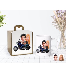 BK Gift Kişiye Özel Ahşap Kutuda Motorcu Sevgililer Karikatürlü Beyaz Kupa Bardak-1