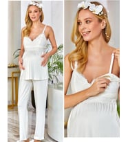Cossy By Aqua 23504 Askılı Dantel Detaylı Lohusa Hamile Pijama Takım  (Ekru)