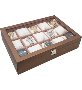Chavin 15 li Diamond Bronz Deri Ahşap Camlı Saat Kutusu st15-58