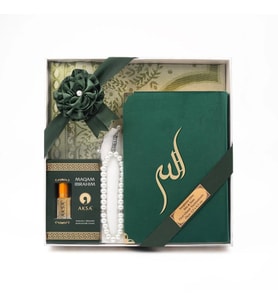 Takke + Esans + Tesbih + Seccade + Kadife Kuran Hediye Seti (Hafız Boy, Yeşil)