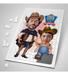 Kovboy Baba ve Oğlu Karikatürlü Puzzle